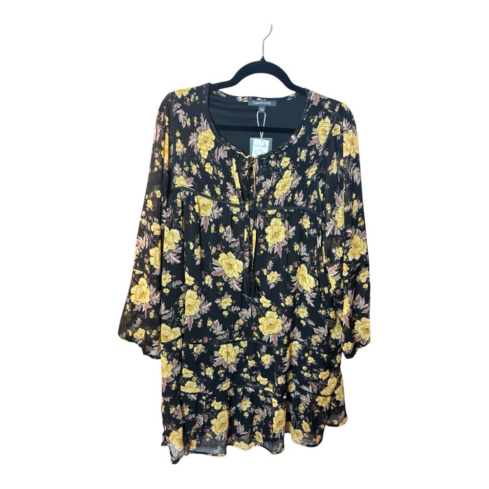 Boho Floral Long Sleeve Dress | Laurel Grey Golden Yellow Print | Size Large NWT